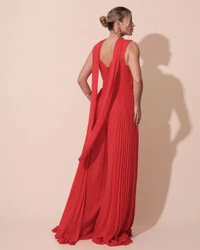 Macacão de Festa Longo Crepe Pantalona Plissado e Lenço Vermelho New