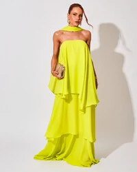 Vestido de Festa Longo Chiffon Crepe em Camadas com Lenço Verde Lima