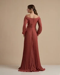 Vestido de Festa Longo Crepe Chiffon Plissado Ombro a Ombro Terracota