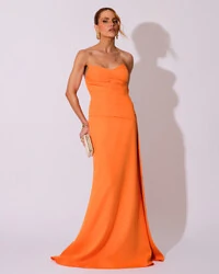 Vestido de Festa Longo Alfaiataria Tomara que Caia Drapeado Faixa Laranja