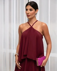 Vestido Longo Babado em Camadas Marsala Escuro