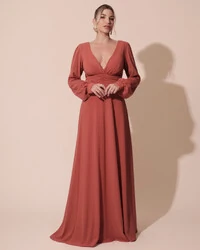 Vestido de Festa Manga Longa com Cintura Drapeada Decote V Terracota