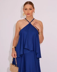 Vestido Longo Babado em Camada Azul Marinho