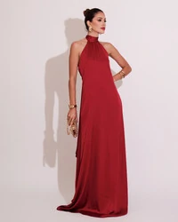 Vestido de Festa Gola Alta com Decote nas Costas Acetinado Marsala Escuro