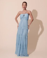 Vestido de Festa Longo Tule com Saia Babado Azul Serenity