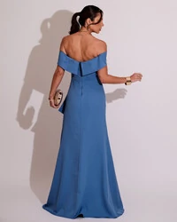 Vestido de Festa Longo Ombro a Ombro com Fenda em Alfaiataria Azul Atlantis