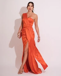 Vestido de Festa Longo Cetim Alfaiataria Tomara que Caia Faixa Laranja