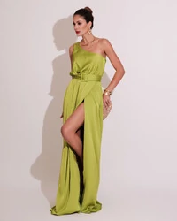 Vestido Longo um Ombro com Busto Blousê e Fenda Verde Lima