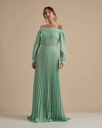 Vestido de Festa Longo Crepe Chiffon Plissado Ombro a Ombro Verde Menta