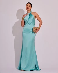 Vestido de Festa Longo em Cetim Alfaiataria com Elastano Frente Única Tiffanny