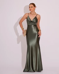 Vestido de Festa Longo Malha Cetim Busto Drapeado Saia Sereia Verde Escuro