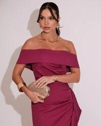 Vestido de Festa Longo Ombro a Ombro com Fenda em Alfaiataria Fucsia