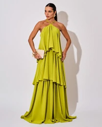 Vestido Longo Crepe Chiffon Babado em Camadas Verde Pistache