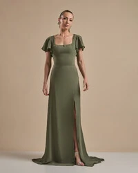 Vestido de Festa Longo Crepe Chiffon Manga Babado e Fenda Verde Oliva