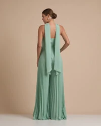 Macacão de Festa Longo Crepe Chiffon Tomara que Caia Plissado com Lenço Verde Menta