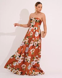 Vestido de Festa Longo em Zibeline Estampado Tomara que Caia Terracota Floral