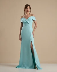 Vestido de Festa Longo Alfaiataria Ombro a Ombro com Fenda Tiffany