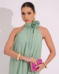 Vestido Longo Crepe Chiffon Frente Única Fluido Flor Removível Verde Menta