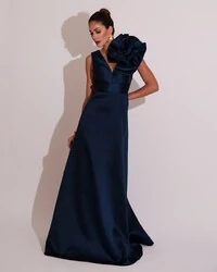 Vestido de Festa longo Zibeline Flor Azul Marinho