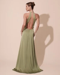 Vestido de Festa Longo Cetim Fluido com Argola Frente Única Verde Pistache