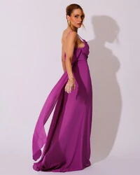 Vestido de Festa Longo Crepe Chiffon Costas Lenço Cauda Fúcsia