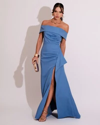 Vestido de Festa Longo Ombro a Ombro com Fenda em Alfaiataria Azul Atlantis