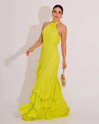 Vestido de Festa Longo Decote Halter com Babados Verde Lima