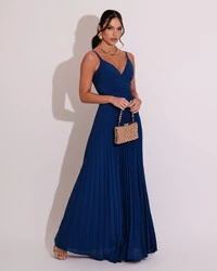 Vestido de Festa Longo Plissado Crepe Chiffon com Alça Azul
