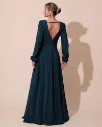 Vestido de Festa Manga Longa com Cintura Drapeada Decote V Verde Escuro