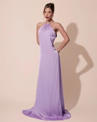 Vestido de Festa Longo Cetim Fluido com Argola Frente Única Lilás