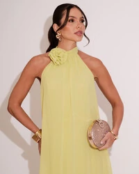 Vestido Longo Crepe Chiffon Frente Única Fluido Flor Removível Amarelo