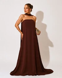 Vestido de Festa Longo Crepe Tomara que Caia com Lenço Marrom