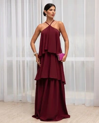 Vestido Longo Babado em Camadas Marsala Escuro