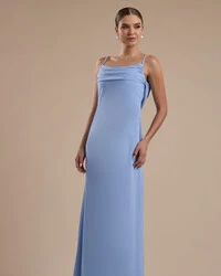 Vestido de Festa Longo Crepe Chiffon Costas Lenço Cauda Serenity