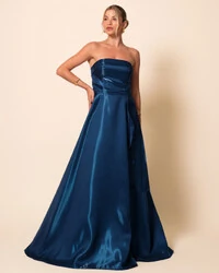 Vestido de Festa Longo Cetim Cristal Tomara que Caia Detalhe Verde Escuro