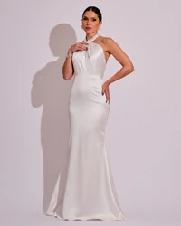 Vestido de Festa Longo em Cetim Alfaiataria com Elastano Frente Única Branco