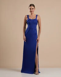 Vestido de Festa Longo Alfaiataria Decote Coração com Alças e Fenda Azul Royal