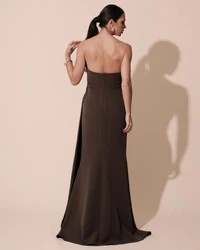 Vestido de Festa Longo Alfaiataria Tomara que Caia Drapeado Faixa Verde Oliva