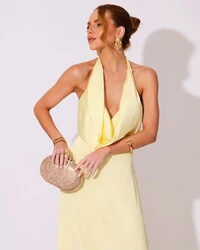 Vestido de Festa Longo Frente Única Degagê Cetim Fluido Amarelo Manteiga