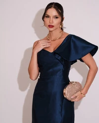 Vestido de Festa Longo um Ombro Tomara que Caia Zibeline Azul Marinho