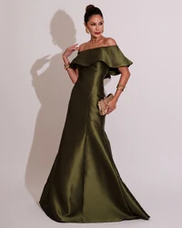 Vestido de Festa Longo Ombro a Ombro Zibeline com Babado Verde Oliva