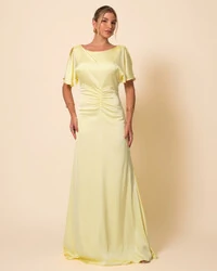 Vestido de Festa Longo Cetim Fluido Manga Curta Drapeado Amarelo Manteiga