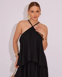Vestido Longo Babado em Camadas Preto
