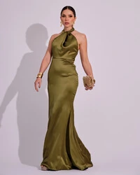 Vestido de Festa Longo em Cetim Alfaiataria com Elastano Frente Única Verde Oliva