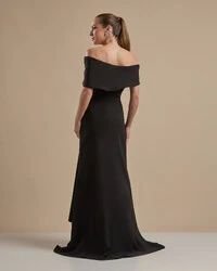 Vestido de Festa Longo Alfaiataria Ombro a Ombro com Babado Cascata Preto