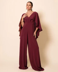 Macacão de Festa Longo Crepe Chiffon com Capa Marsala