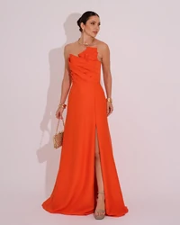 Vestido de Festa Longo Alfaiataria Tomara que Caia com Fenda Detalhe Laranja