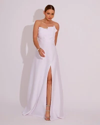 Vestido de Festa Longo Alfaiataria Tomara que Caia com Fenda Detalhe Branco