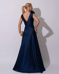 Vestido de Festa longo Zibeline Decote em V com Flores Removivel Azul Marinho