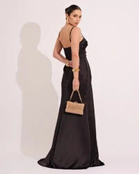 Vestido de Festa Longo Cetim Alfaiataria Fenda Drapeada Preto